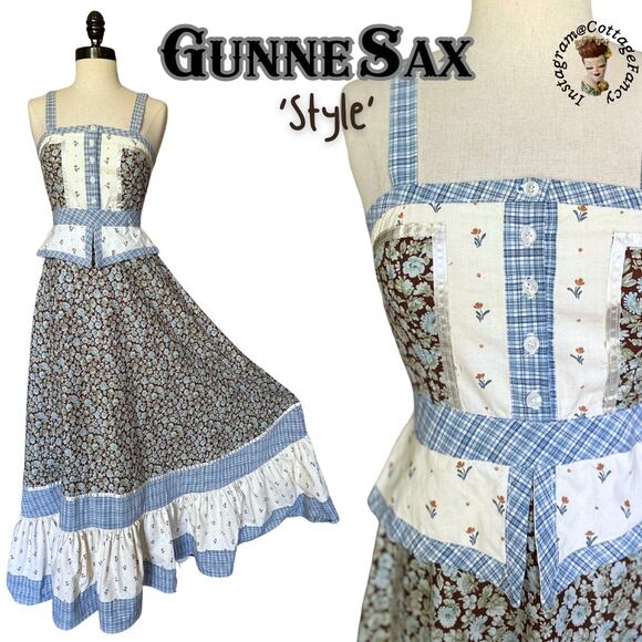 Gunne Sax 'Style' Peplum Maxi SunDress Blue Rose Peony Calico Prairie Vintage